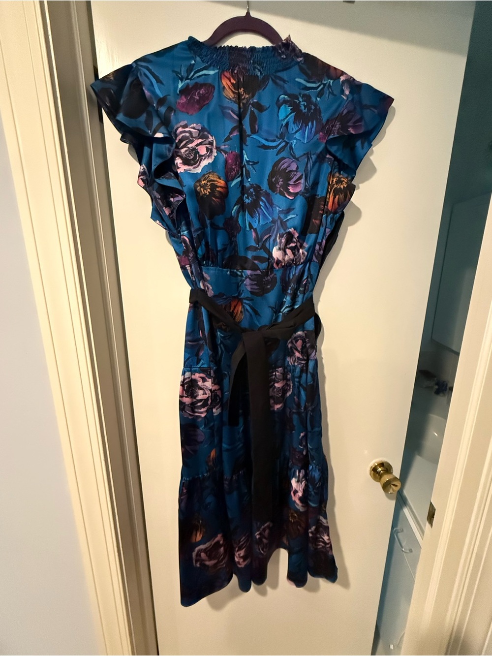 Sam Edelman Floral Satin Blue Midi Dress with Self-Tie Belt